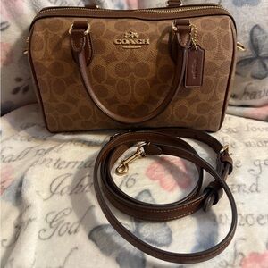 Coach Rowan Satchel Bag In Signature Canvas Gold/ Tan/Brown CV961 EUC